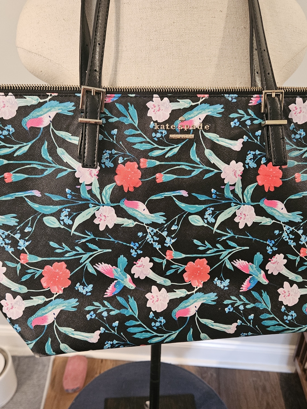 kate spade Black Floral & Hummingbird Tote with Teal and Pink Accents